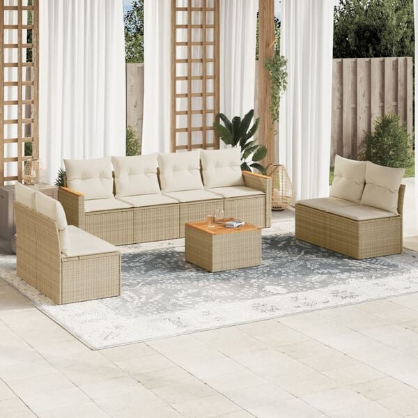 vidaXL 9 Piece Garden Sofa Set with Cushions Beige Poly Rattan