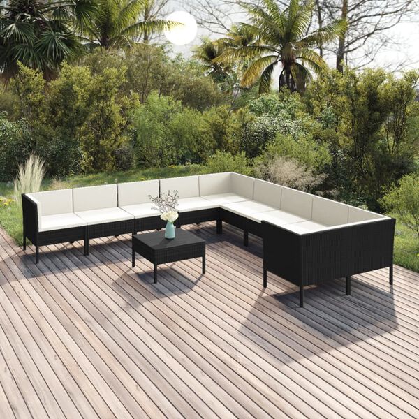 vidaXL 11 Piece Garden Lounge Set with Cushions Poly Rattan Black