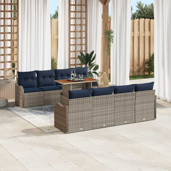 vidaXL 9 Piece Garden Sofa Set with Cushions Grey Poly Rattan Acacia