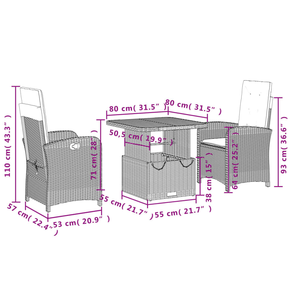 vidaXL 3 Piece Garden Dining Set with Cushions Black Poly Rattan