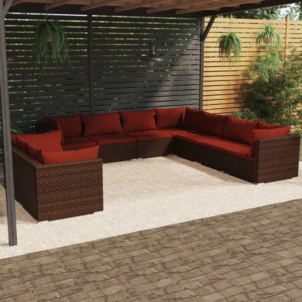 vidaXL 9 Piece Garden Lounge Set with Cushions Brown Poly Rattan