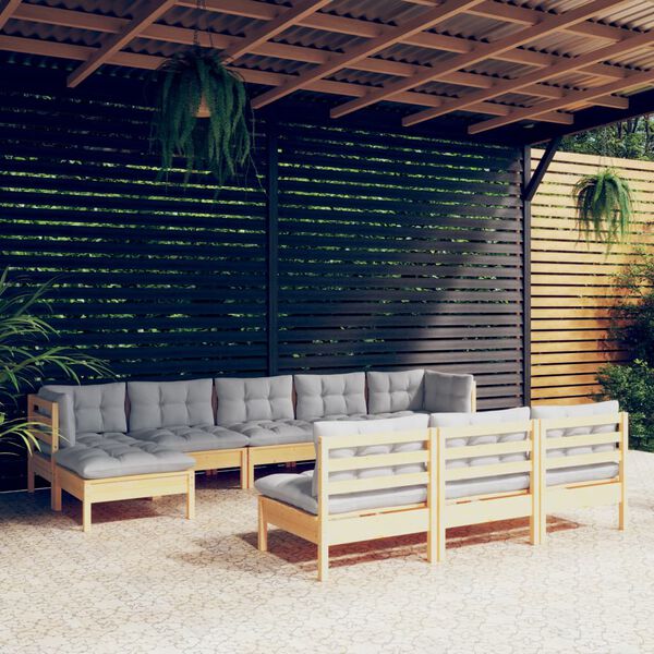 vidaXL 10 Piece Garden Lounge Set with Grey Cushions Pinewood