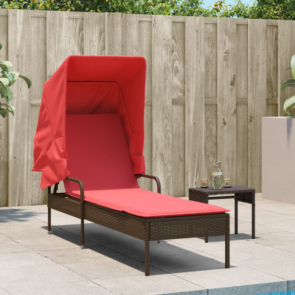 vidaXL Sun Lounger with Canopy and Table Brown Poly Rattan