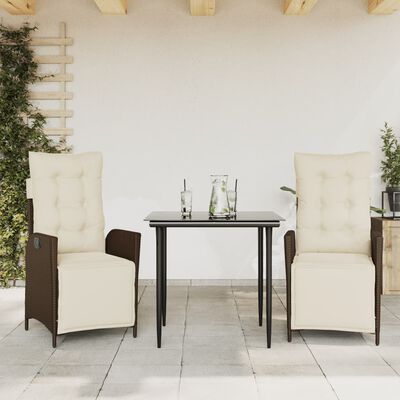 vidaXL 3 Piece Garden Dining Set with Cushions Brown Poly Rattan