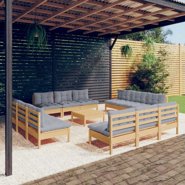 vidaXL 13 Piece Garden Lounge Set with Grey Cushions Pinewood