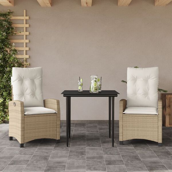 vidaXL 3 Piece Garden Dining Set with Cushions Beige Poly Rattan