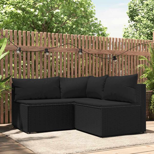 vidaXL 3 Piece Garden Lounge Set with Cushions Black Poly Rattan