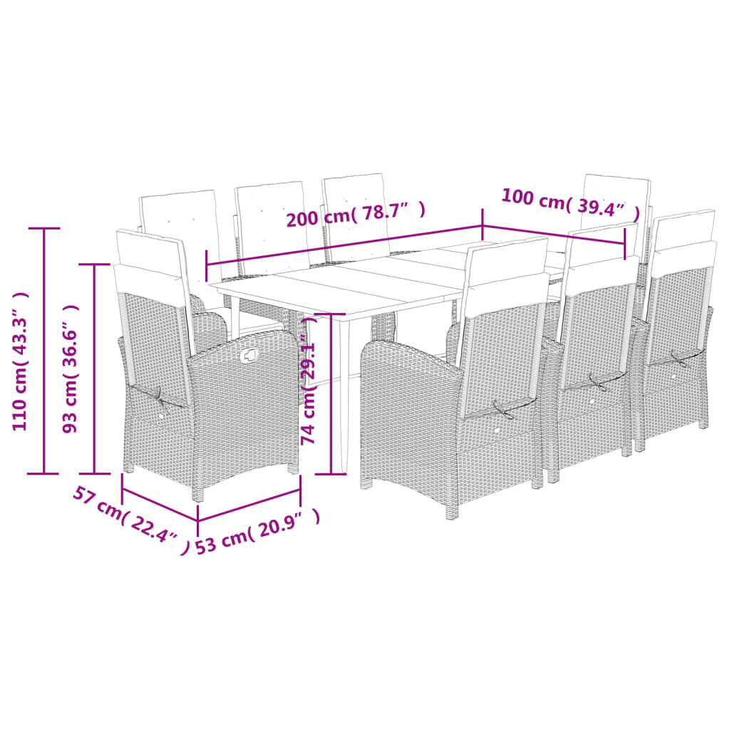 vidaXL 9 Piece Garden Dining Set with Cushions Beige Poly Rattan