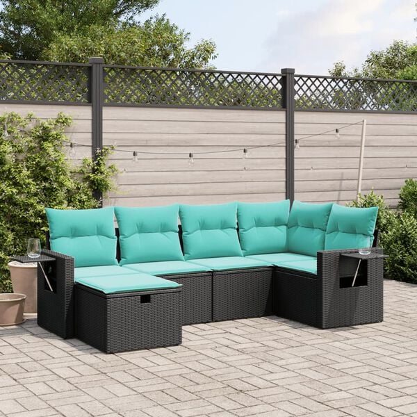 vidaXL 6 Piece Garden Sofa Set with Cushions Black Poly Rattan