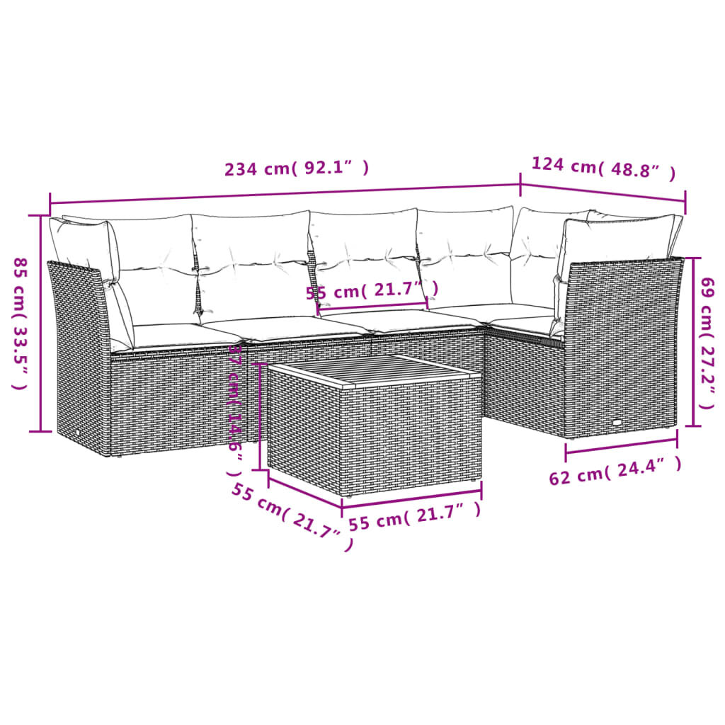 vidaXL 6 Piece Garden Sofa Set with Cushions Black Poly Rattan