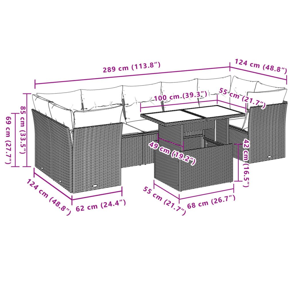 vidaXL 8 Piece Garden Sofa Set with Cushions Brown Poly Rattan