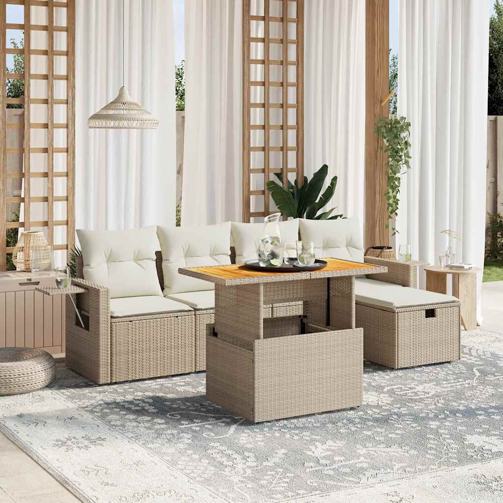 vidaXL 6 Piece Garden Sofa Set with Cushions Beige Poly Rattan