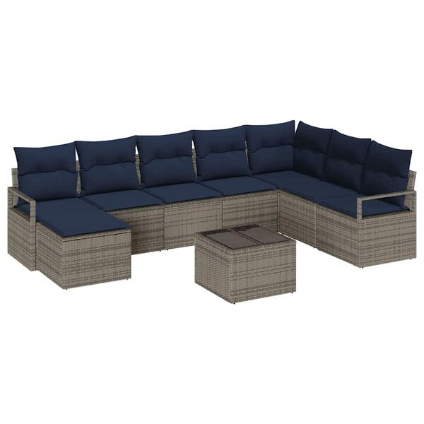 vidaXL Sofa Set with Cushion 9 pcs Grey Poly Rattan