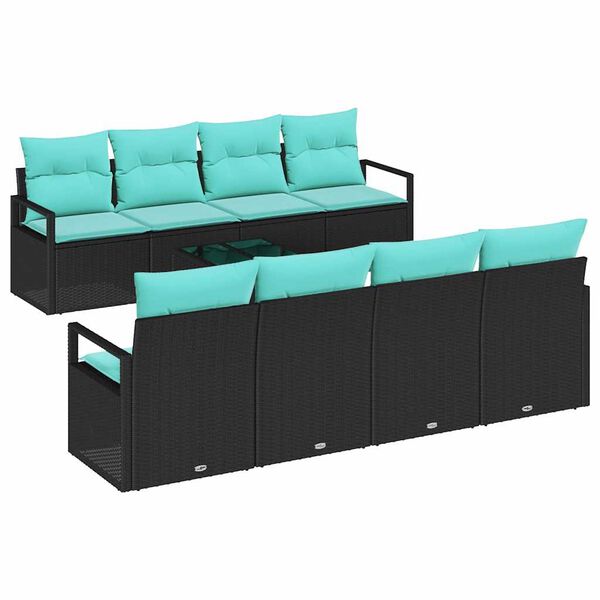 vidaXL Sofa Set with Cushion 9 pcs Black and Turquoise Poly Rattan