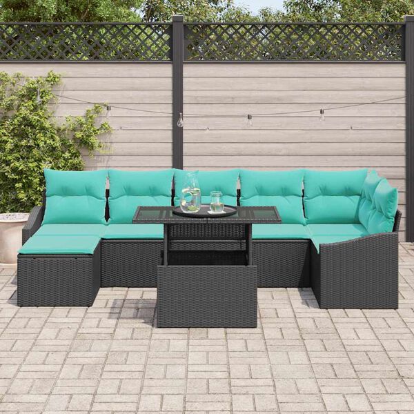 vidaXL Garden Sofa Set with Cushion 8 pcs Black and Blue Poly Rattan