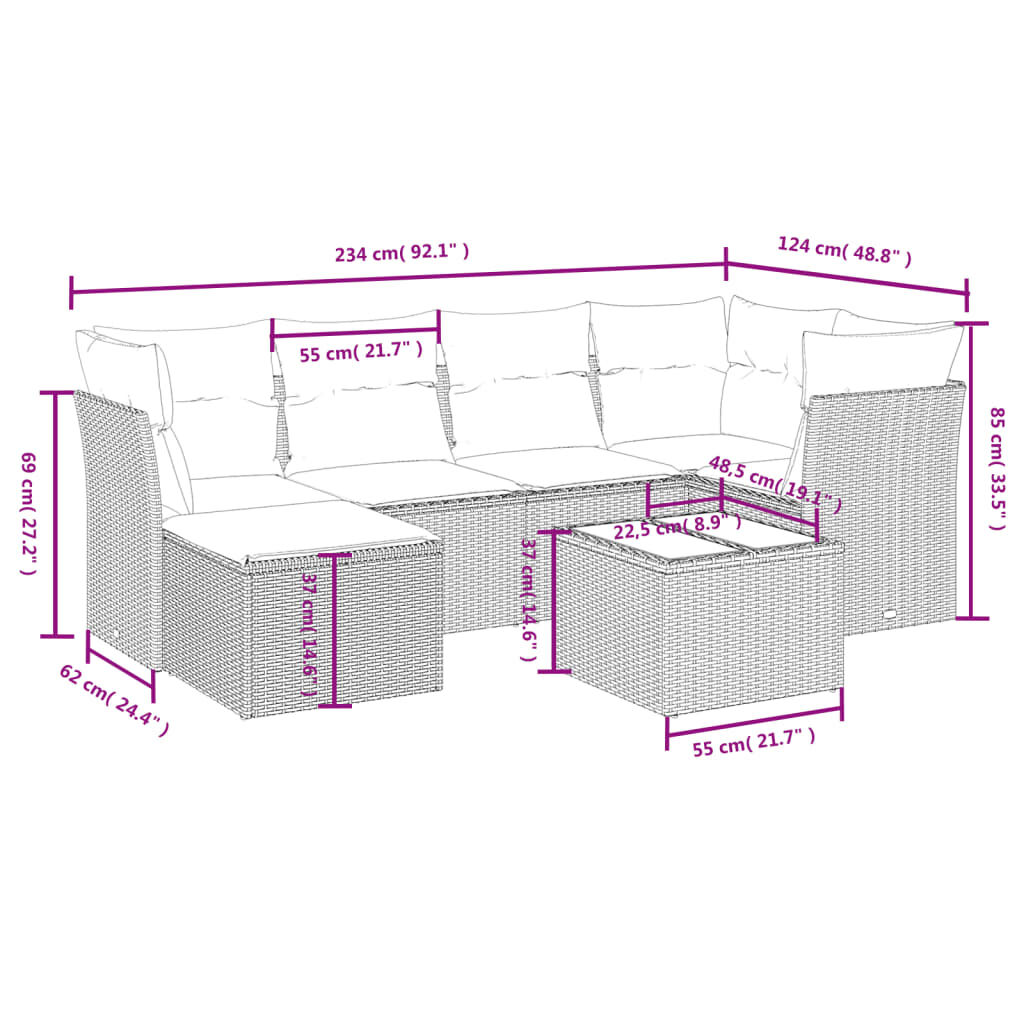 vidaXL 6 Piece Garden Sofa Set with Cushions Brown Poly Rattan