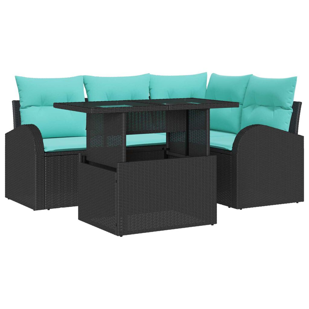 vidaXL 5 Piece Garden Sofa Set with Cushions in Black Poly Rattan