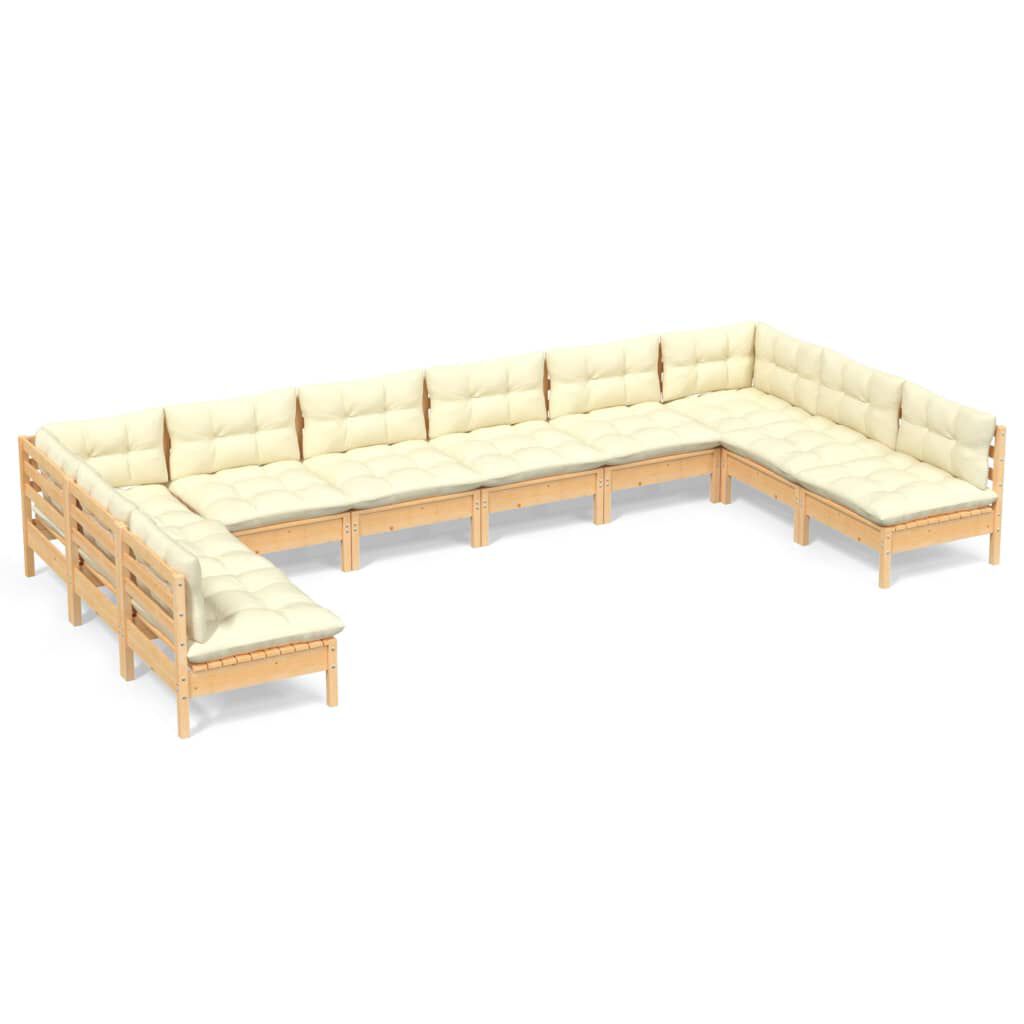 vidaXL 10 Piece Garden Lounge Set with Cream Cushions Solid Pinewood