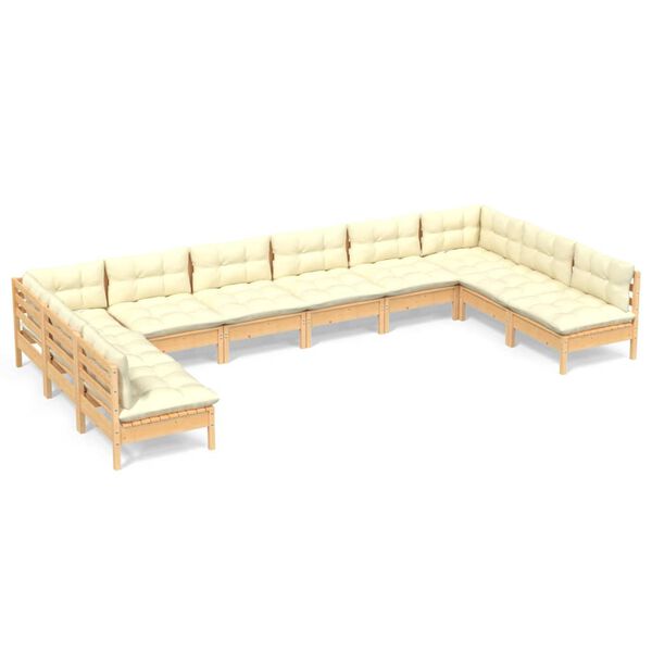 vidaXL 10 Piece Garden Lounge Set with Cream Cushions Solid Pinewood