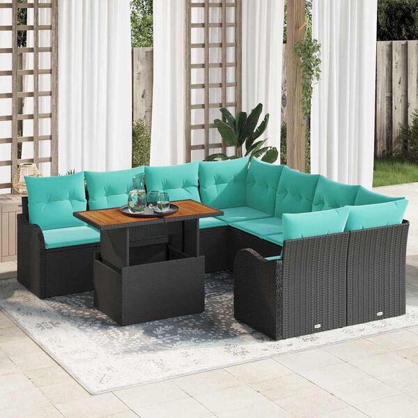 vidaXL Garden Sofa Set with Cushion Manual 9 pcs Black and blue