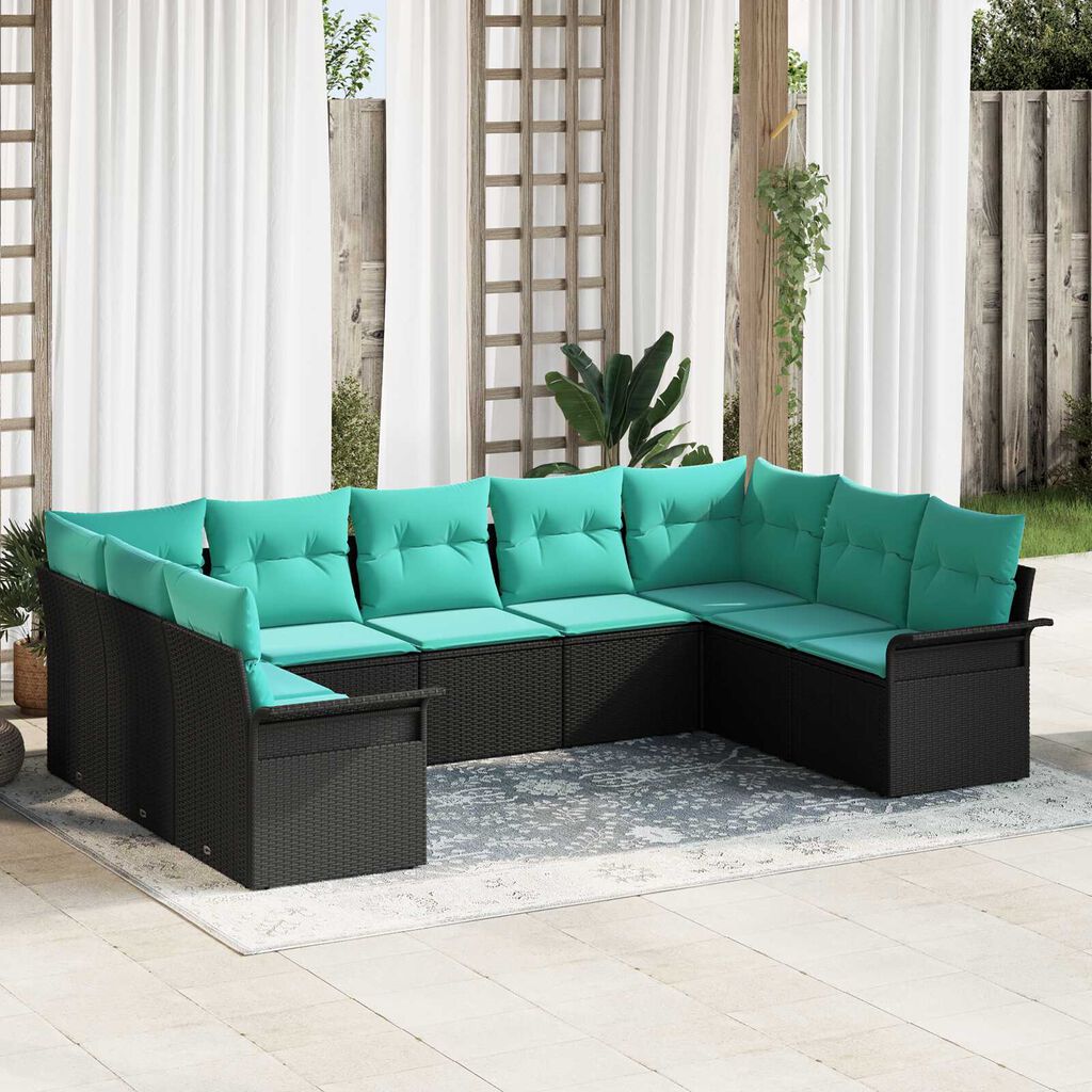 vidaXL 9 Piece Garden Sofa Set with Cushions Black Poly Rattan