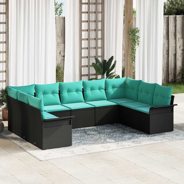 vidaXL 9 Piece Garden Sofa Set with Cushions Black Poly Rattan