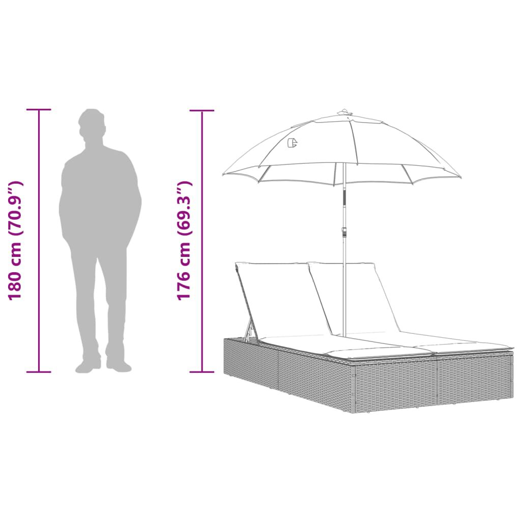 vidaXL Double Sun Lounger with Cushions&Parasol Black Poly Rattan