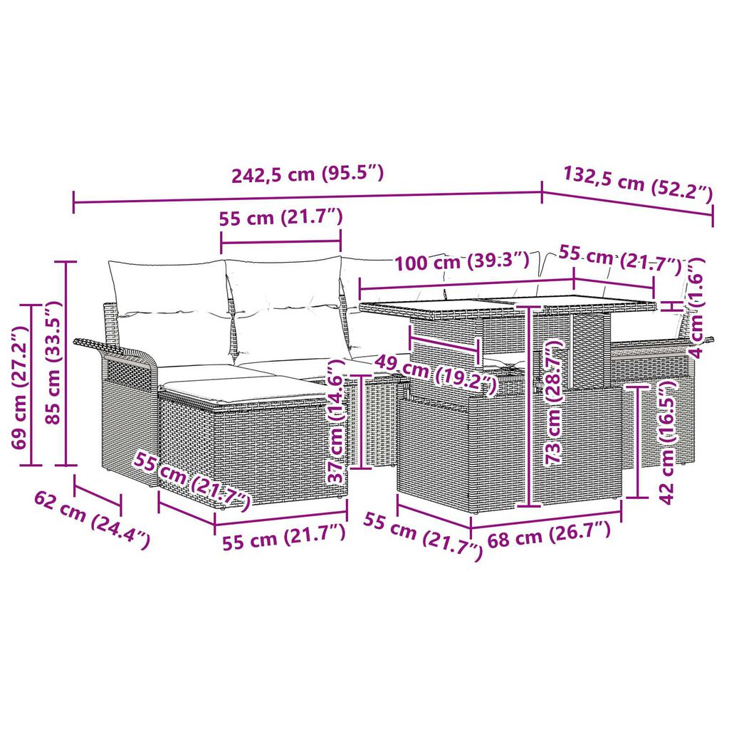 vidaXL 7 Piece Garden Sofa Set with Cushions Black Poly Rattan
