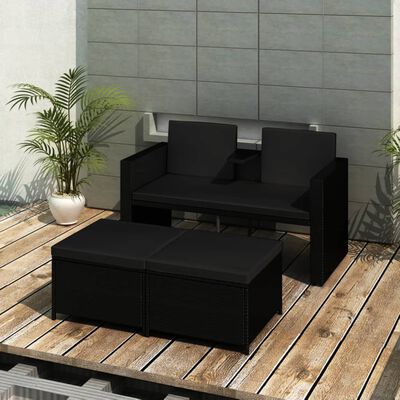 vidaXL 3 Piece Garden Lounge Set with Cushions Poly Rattan Black