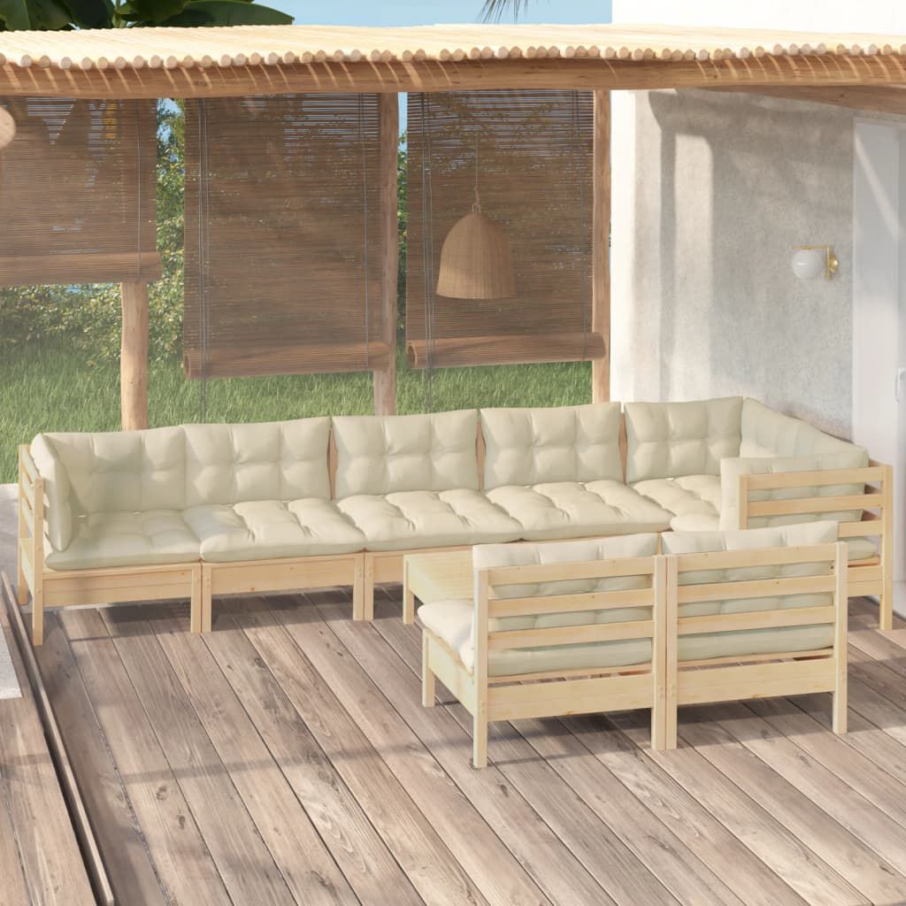 vidaXL 9 Piece Garden Lounge Set with Cream Cushions Solid Pinewood