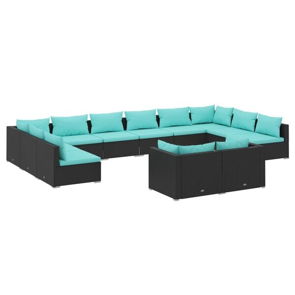 vidaXL 12 Piece Garden Lounge Set with Cushions Black Poly Rattan