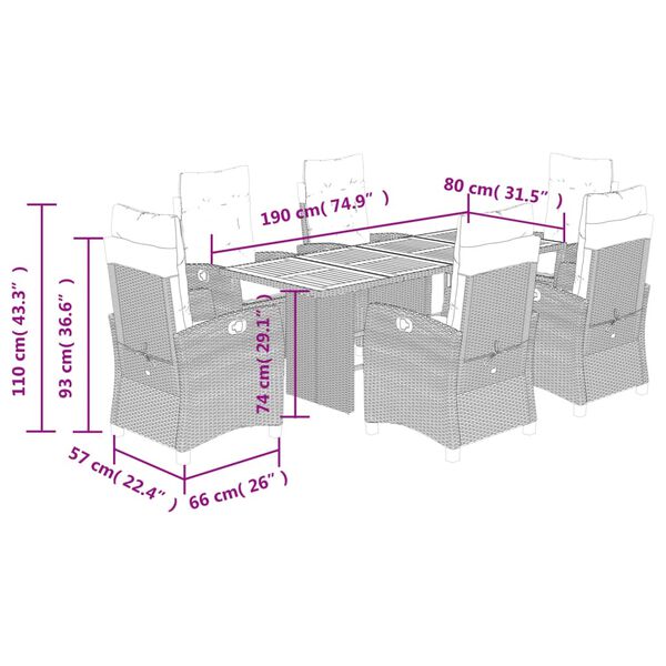 vidaXL 7 Piece Garden Dining Set with Cushions Grey Poly Rattan