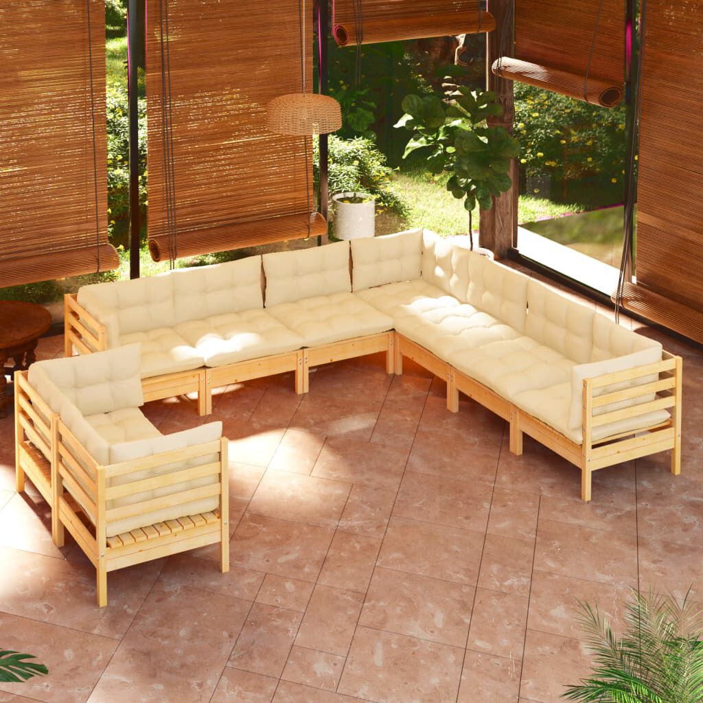 vidaXL 9 Piece Garden Lounge Set with Cream Cushions Solid Pinewood