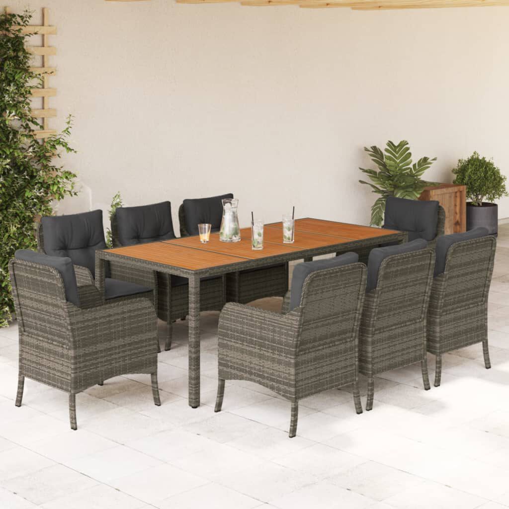 vidaXL 9 Piece Garden Dining Set with Cushions Grey Poly Rattan