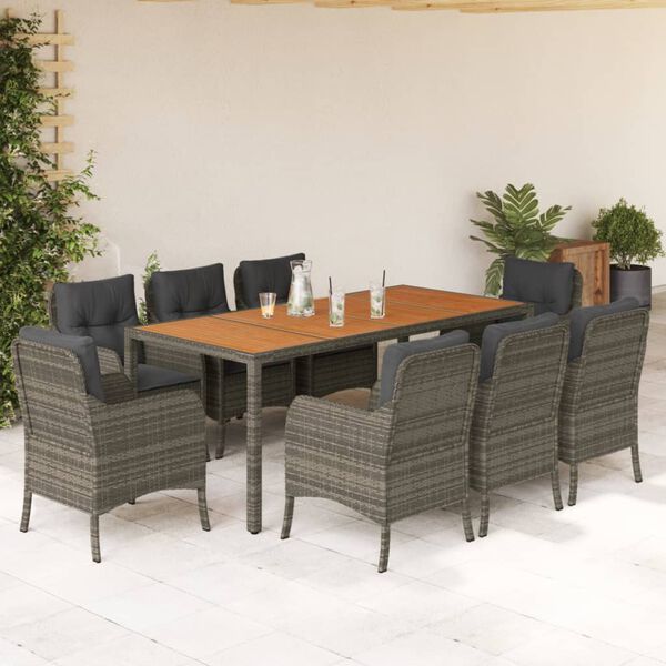 vidaXL 9 Piece Garden Dining Set with Cushions Grey Poly Rattan