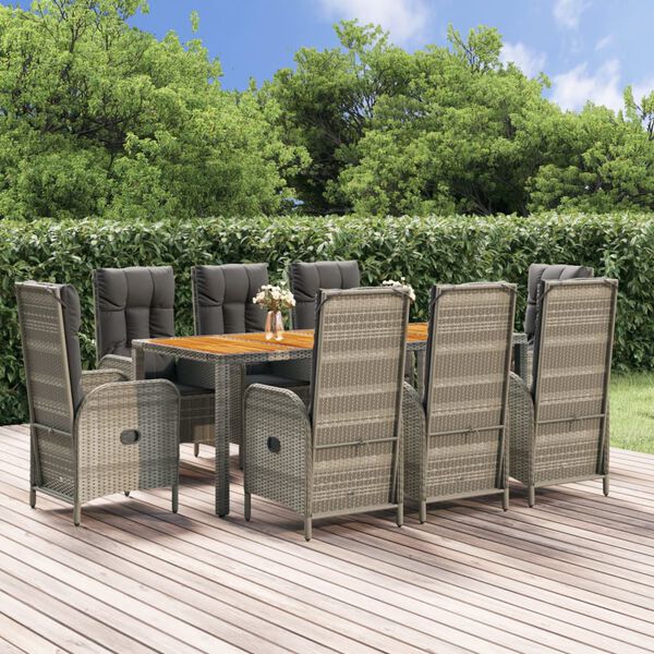 vidaXL 9 Piece Garden Dining Set with Cushions Grey Poly Rattan