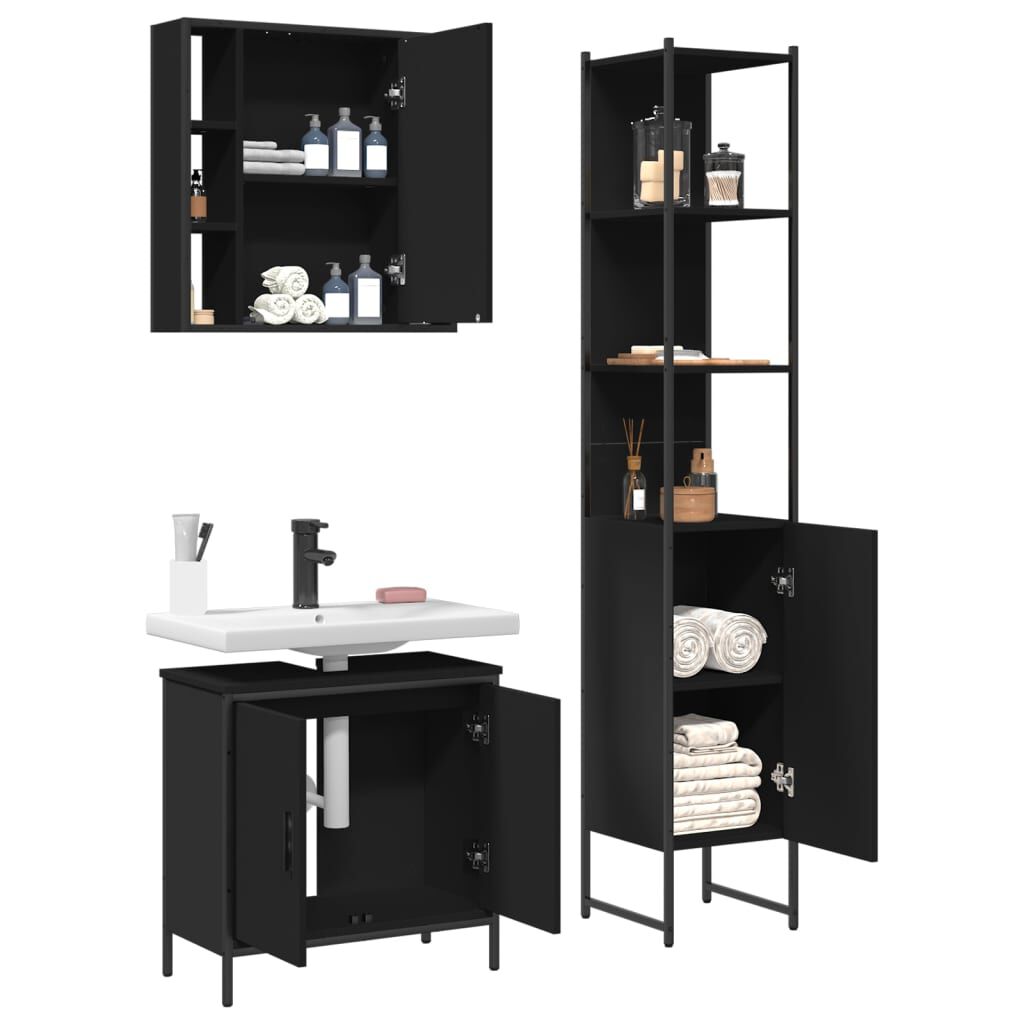 vidaXL 3 Piece Bathroom Cabinet Set Black Engineered Wood