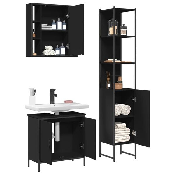 vidaXL 3 Piece Bathroom Cabinet Set Black Engineered Wood