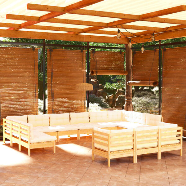 vidaXL 13 Piece Garden Lounge Set with Cream Cushions Pinewood