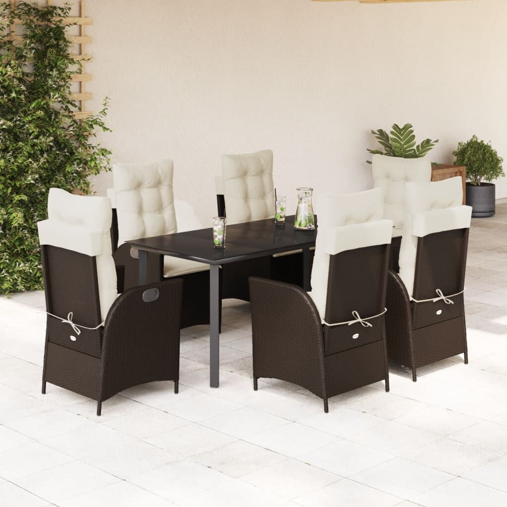 vidaXL 7 Piece Garden Dining Set with Cushions Brown Poly Rattan