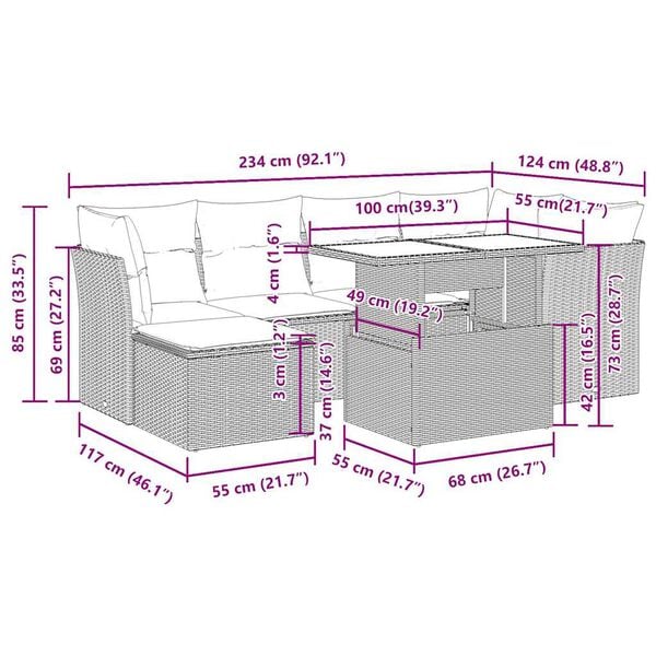 vidaXL 7 Piece Garden Sofa Set with Cushions Black Poly Rattan Acacia