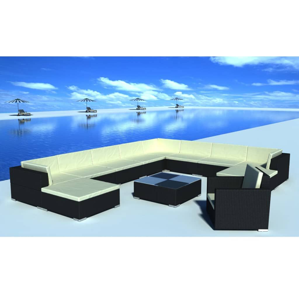vidaXL 12 Piece Garden Lounge Set with Cushions Poly Rattan Black