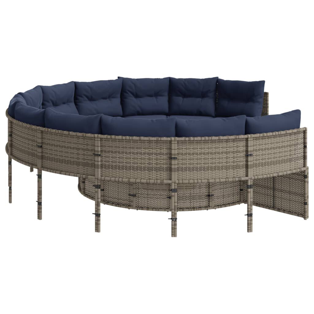 vidaXL Garden Sofa with Cushions Round Grey Poly Rattan