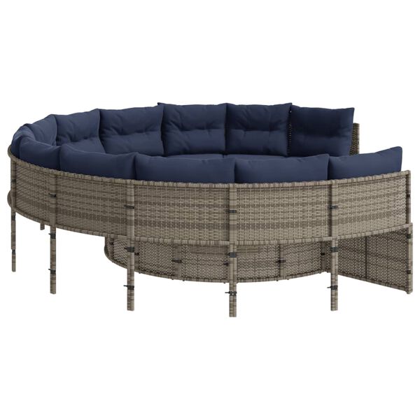 vidaXL Garden Sofa with Cushions Round Grey Poly Rattan