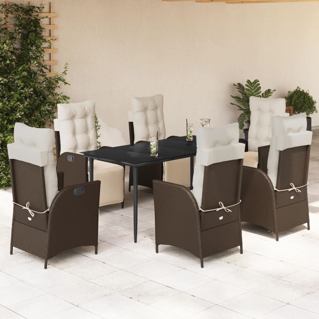 vidaXL 7 Piece Garden Dining Set with Cushions Brown Poly Rattan
