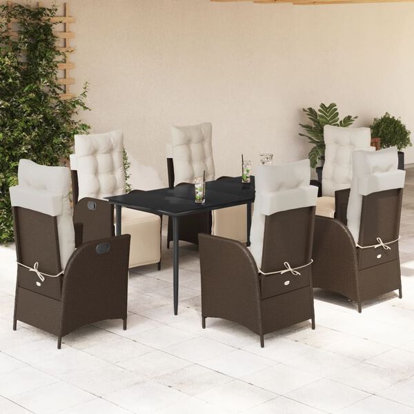 vidaXL 7 Piece Garden Dining Set with Cushions Brown Poly Rattan