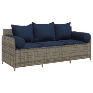 vidaXL Garden Sofa with Cushions 3-Seater Grey Poly Rattan