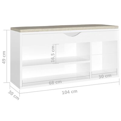 vidaXL Shoe Bench with Cushion High Gloss White 104x30x49 cm Engineered Wood