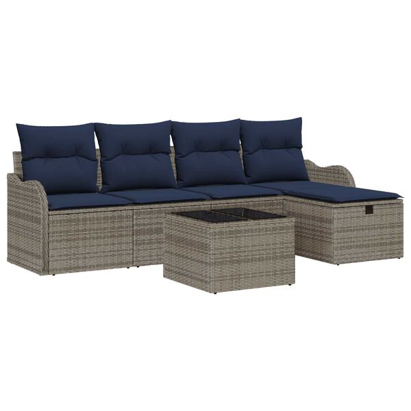 vidaXL 6 Piece Garden Sofa Set with Cushions Grey Poly Rattan