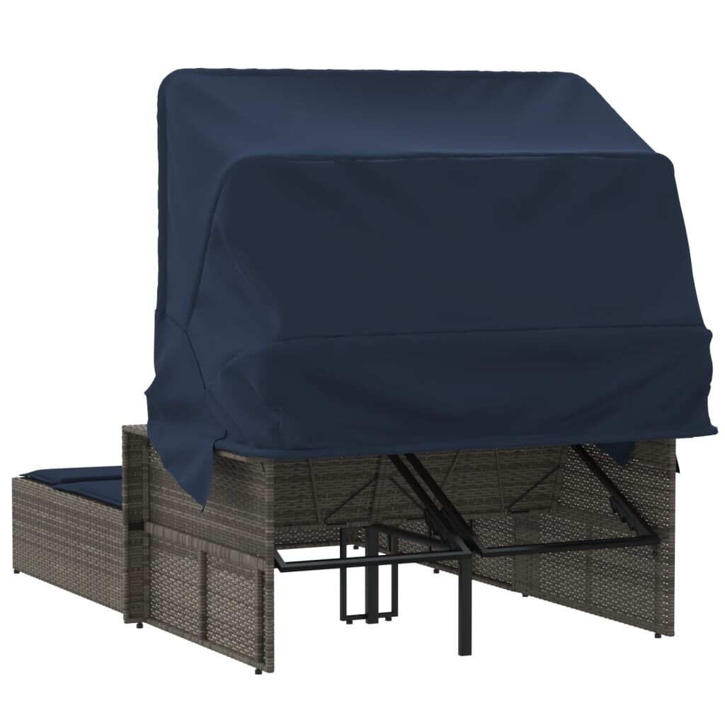 vidaXL Double Sun Lounger with Canopy and Cushions Grey Poly Rattan